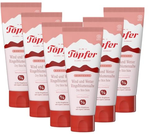 Töpfer Babycare Wind & Wetter Ringelblumensalbe – Schutz für trockene Babyhaut – mit Bio-Ringelblume, Bio-Weizenkleie & Bio-Sheabutter – 6x75ml