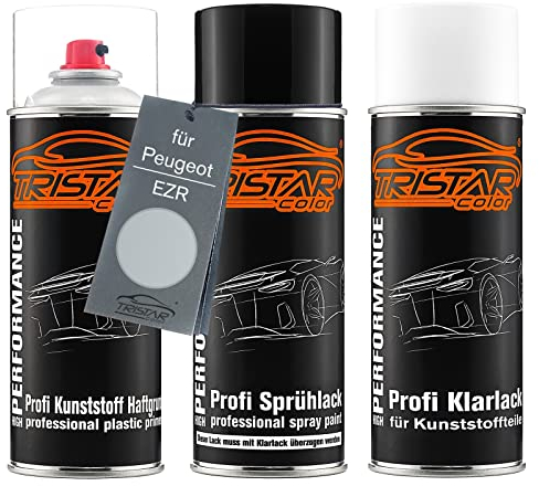 TRISTARcolor Autolack Spraydosen Set für Kunststoff Stoßstange für Peugeot EZR Gris Aluminium Metallic/Chronos Silber Metallic Haftgrund Basislack Klarlack mit Weichmacher Sprühdose