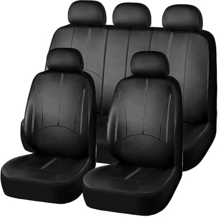 AUTO HIGH Auto-Sitzbezüge Set Universal - Schwarz Auto-Schonbezüge für die Vordersitze & Rückbank mit Airbag - Kunsleder Autositz Schutzbezug Komplett-Set, 11-teilig, TY1830