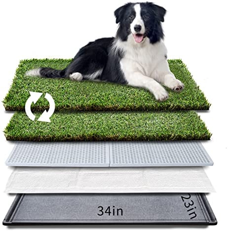 HQ4us Hundegrasunterlage mit Tablett, groß, 86,4 x 58,9 cm, Hundetoilette mit 2 × Kunstrasen für Hunde mit gesäumtem Rand, Urinierpads für Hunde, realistisch, weniger Geruch, Töpfchen für Balkon