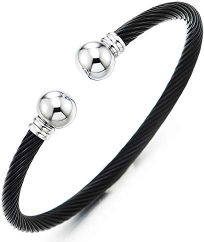 COOLSTEELANDBEYOND Silber Schwarz Elastische Verstellbare-Edelstahl Armband für Herren Damen Verdrehten Stahlkabel Armreif Poliert
