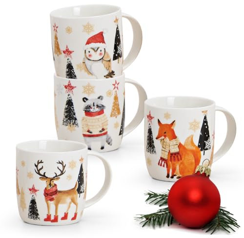 Tassen 4er Set Xmas Tiere in weiß - Klassische Porzellan Kaffeebecher als Weihnachtstassen in 9 cm - Süße Tiermotiv Kaffeetassen für Weihnachten spülmaschinenfest und mikrowellengeeignet