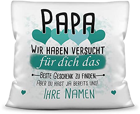 PR Print Royal Kissen mit Füllung Papa von mehr Kindern - Personalisiert mit Wunschnamen in Türkis - zum Geburtstag und Vatertag - Kissen Polyester weiß - glatt, 40 x 40 cm