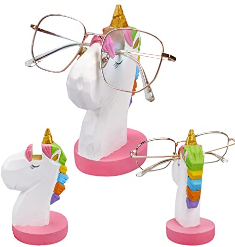 Lanfly Einhorn-Brillenhalter, Tier-Brillen-Halter, handgeschnitzt, Holz, Lesebrillenständer, handgefertigte Geschenke, Sonnenbrillenhalter für Frauen, Kinder, Geburtstagsgeschenke, Heimbüro