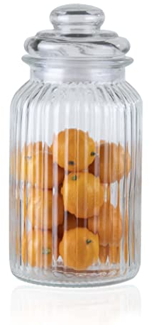 ORNAMI Ribbed Glass Storage Kitchen Jar with Airtight Lid (1.4L)