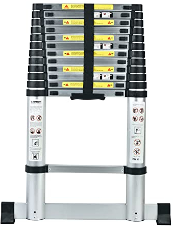 3,8M Teleskopleiter mit Stabilisator, Rutschfester Klappleiter Aluminium Ausziehleiter Mehrzweckleiter, 150 kg Belastbarkeit