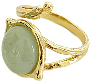 BXSMNH S925 Sterling Silber Ring Vintage Damen- Und Mädchenringe, Natürliche Grüne Onyx/Chalcedon-Edelsteine, Handgefertigter Einzigartiger Schmuck Mit Schöner Geschenkbox (Color : Gold)