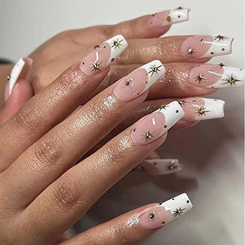 24PCS Short False Nails with Glue Stickers,Coffin Full Cover Acrylic and Press on Nails no Glue, White Edge Diamond Star French Fake Nails Stick for Women and Girls Nail Art.