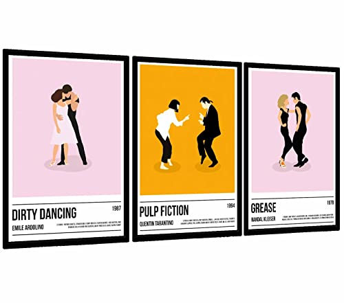 3 Stück große Pulp Fiction Leinwanddruck Poster Quentin Tarantino Wandkunst 90er Jahre Filmszene Vintage Ästhetik Raumdekoration coole lustige Tanzbilder moderne Drucke für Wohnzimmer Schlafzimmer