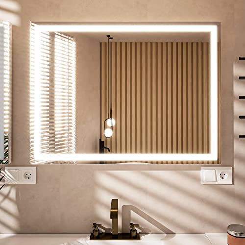 Essbhach Badspiegel mit Beleuchtung, Badezimmerspiegel Antibeschlag, 3 Lichtfarben Led Badezimmer Spiegel mit Touch Schalter, Spiegel Bad mit Licht, 70 x 50 cm