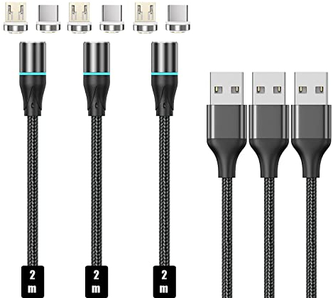 N. NETDOT Gen12 Nylon Geflochtenes Magnetisches Ladekabel und Datenübertragung mit LED kompatibel Micro-USB und USB-C Telefonen(2m/3 Pack schwarz)