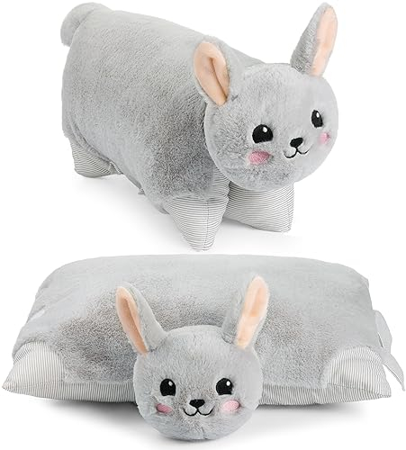 BRUBAKER Kuscheltier-Kissen Hase - 2 in 1 Plüschtier und Kuschelkissen - 40 x 30 cm Kuschelhase - aufklappbares Kinder Plüschkissen mit Klettverschluss - Tierkissen Hasenkissen Stofftier - Grau
