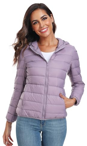 Teemie Giubbotto Invernale Piumino Donna Leggero Con Cappuccio Mezza Stagione Caldo Trapuntato Giacca All'Aperto Comodo Viola Chiaro XL