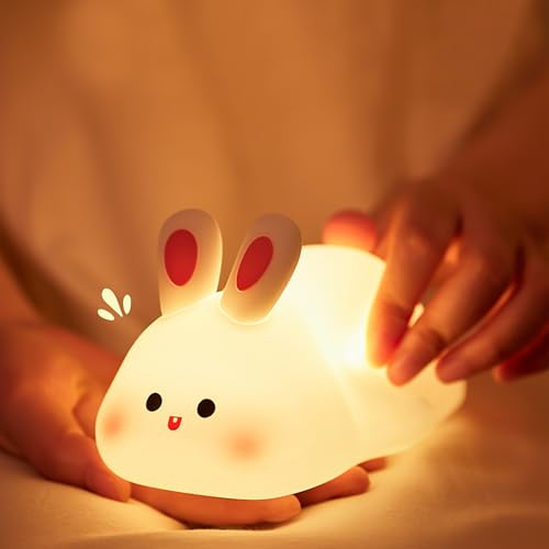 URAQT Silikon Nachtlicht Kinder,Kaninchen Led Nachttischlampe USB-Aufladung und Timing Funktion 1200mAh Kawaii Nachtlicht Baby mit Touch Schalter und 3 Stufige Helligkeitseinstellung Handyhalter Licht