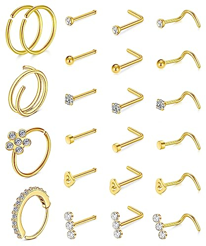 FECTAS 23pcs Anneaux de Nez pour Femmes Os de Nez en Forme de L Vis 20G Acier Inoxydable Anneaux de Nez Piercing Ensemble d'anneaux de Nez Or