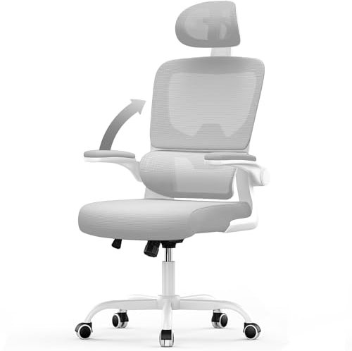rattantree Office Desk Ergonomic Chairs, Computer Chair with Adjustable Headrest and Lumbar Support, Swivel Mesh Chairs with Flip-up Armrests, High Back Work/Study PC Chair-Gray