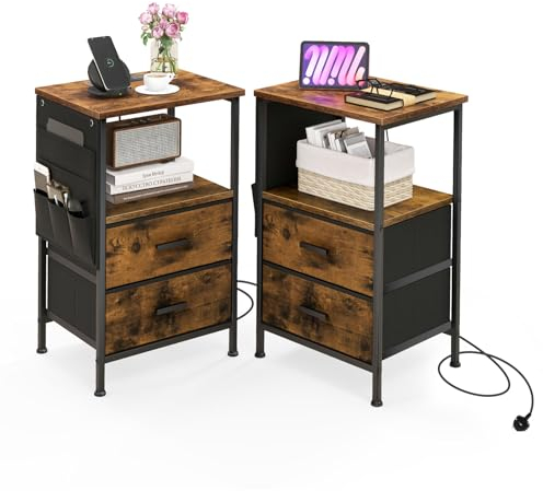 CASART Industrial Bedside Table Set of 1/2, Metal Frame End Nightstand with Charging Station, 2 Drawers & 6 Side Pockets, Accent Side Tea Table for Living Room Bedroom Office (2)