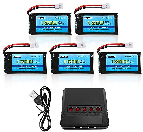 AMZZN 5PCS 3.7V 1200mAh 30C Molex Plug Lipo Battery with 5-in-1 Charger for SYMA X5SW X5SC X5SC-1 KY601S RC Drone Lithium Battery Accessories