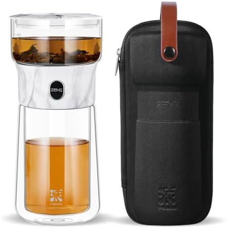 ZENS Neuheit One Touch Teebereiter Teesieb für losen Tee, 3-in-1 kleine Glas-Tee-Brauerkanne mit isolierter Teetasse, Solo einfache Tee-Ei Tasse für heißen Tee Diffusor, Teekanne Geschenke