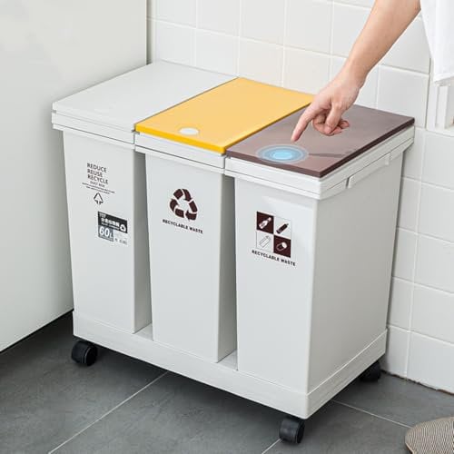 bimiti Triple Compartment Recycling Bin 3 Compartment Kitchen Trash Can with Lid Detachable Plastic Commercial Waste Bin with Wheels for Home, Bathroom, Living Room (60L)