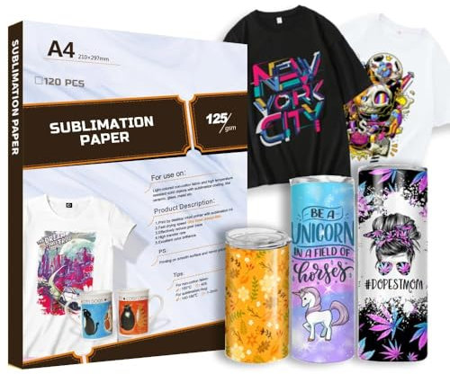 Creatorally Papier de Sublimation A4, 120 Feuilles 125 g/m² Papier Transferts Compatible avec Les Imprimantes à Jet D'Encre et à Sublimation, Presse à Chaud pour Coton, Métal, Céramique, Verre