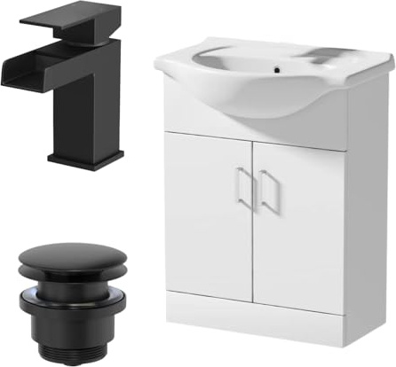 Affine® 650mm Bathroom Vanity Unit Ceramic Sink Floorstanding Storage Cabinet Cupboard & Black Waterfall Basin Tap & Waste Set, White Gloss