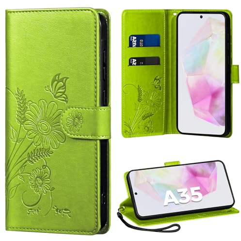 Handyhülle für Samsung Galaxy A35 5G Hülle, Schutzhülle für Galaxy A35 PU Lederhülle Tasche Flip Case Kartensteckplätzen Klapphülle Kompatibel mit Samsung A35 5G Hülle, Grasgrün