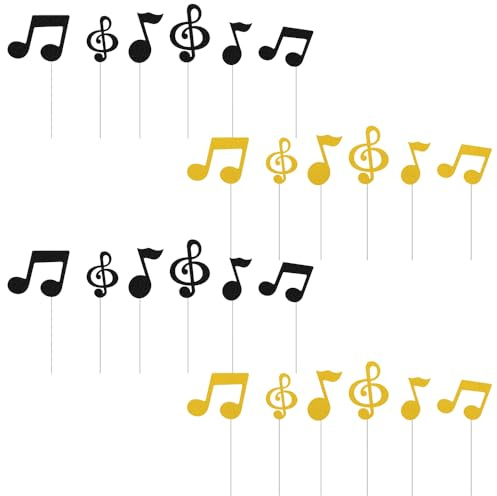 24 Pcs Music Notes Cupcake Toppers, Black Glitter Musical Symbol Picks for Music-Themed Parties, Weddings, Baby Showers & Birthdays