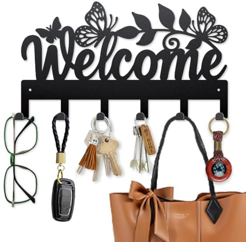 MAYJOYDIY Welcome Crochet à clés en métal Feuilles de papillon Porte-manteau mural 40×22.5cm Porte-clefs décoratif mural avec 6 crochets pour cadeaux Manteaux Chapeaux Serviettes Sacs