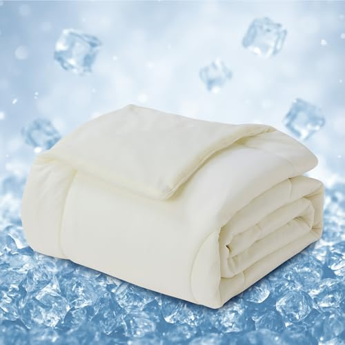 Deodar Kühldecke Sommerdecke Doppelseitig Waffelgitter+Eisseide 2-in-1 Leichte Kühldecke mit Kühleffekt Selbstkühlende Decke zum Schlafen Leichte Kühldecke für Menschen 220x240 Creme
