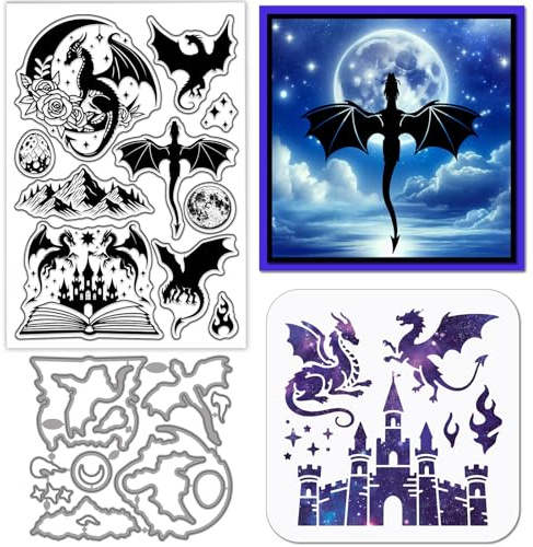 GLOBLELAND Western Drachen Silhouette Transparenter Silikonstempel Metall Magisches Buch Klare Stanzformen Mondfarbe Bastelschablonen Für Kartenherstellung Scrapbooking Basteln DIY Prägungen