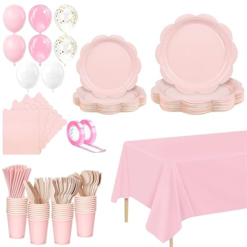232 Pcs Pink Paper Plates and Napkins,Cups,Straws,Light Pink Party Supplies Including Tablecloth Plates Cups Napkins Straws for Baby Shower Birthday Wedding Party