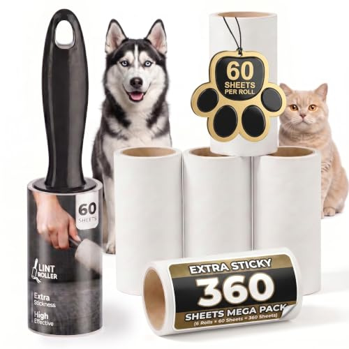 Cozy Paw Lint Roller, 6 Pack with 1 Reusable Handle, 360 Extra Sticky Sheets for Pet Hair Removal, Lint Remover for Dust & Fluff from Clothing, Furniture, Carpets & Car Seats (1 Handle + 360 Sheets)