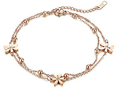 JewelryWe Bracciale Cavigliera da Donna con Pendente Fiore: Ciondolo in Acciaio Inossidabile Colore Oro Rosa