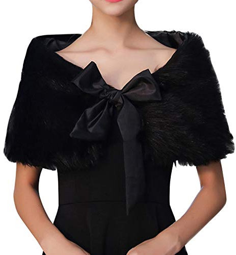 De feuilles 100% Kunstpelz Damen Retro Schal Umschlagtücher für Abendkleider Stola für Hochzeit Party Abschlussfeier Kostüm Accessoires mit Bandverschluss Brautschal schwarz