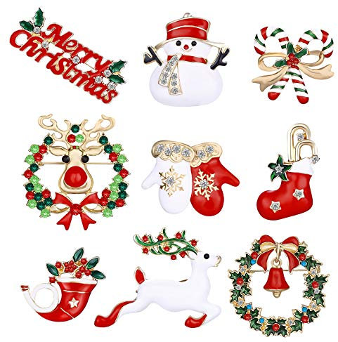 MELLIEX 9 Stück Weihnachten Broschen Pin Set Strass Weihnachtsbroschen Kristall Weihnachtsschmuck für Kleidung Geschenk Ornamente