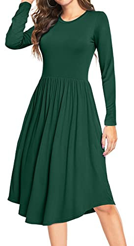 YUNDAI Women Christmas Midi Dress Long Sleeve Ladies Dress Crew Neck Floral Plain Beach Party Dresses with Pocket