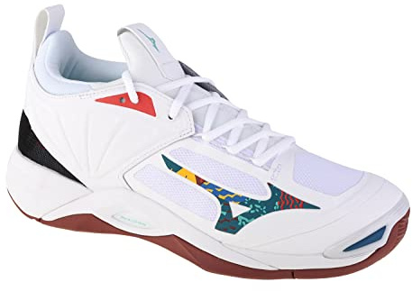 Mizuno Wave Momentum 2 Unisex-Sneaker, Erwachsene, Weiß/HighVisibility/Syrah, 51 EU