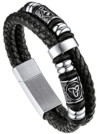 Bandmax Flechtarmband Männer 21cm Lederarmband Magnetverschluss Armband Geflochtenes Armband aus Mikrofaser-Leder Manschette Armkette mit Kompass und keltischem Schmuckzubehör Modeschmuck