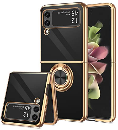 BENTOBEN for Samsung Galaxy Z Flip 3 5G Case with Ring, Phone case for Galaxy Z Flip 3, Holder Edge Plating Rotation Stand Soft Silicone Slim Flexible Shockproof Protective Cover for Z Flip 3, Black