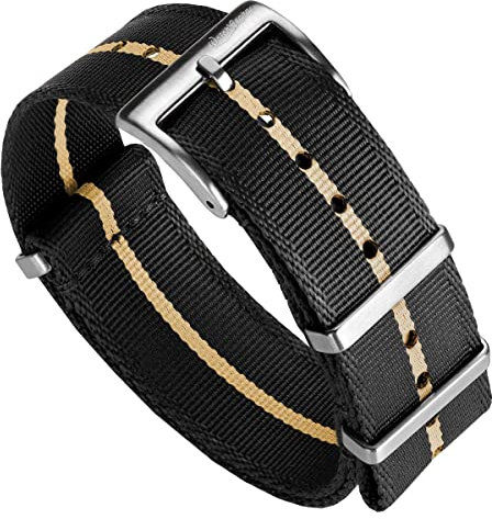 WatchGecko Schweizer Qualität Signature Military Nylon Uhrenarmband. Nylon-Herren-Ersatzarmband. Robustes, schnell trocknendes und sicheres Uhrenarmband für Outdoor-Aktivitäten. Schwarz & Beige, 22 mm