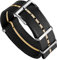 WatchGecko Schweizer Qualität Signature Military Nylon Uhrenarmband. Nylon-Herren-Ersatzarmband. Robustes, schnell trocknendes und sicheres Uhrenarmband für Outdoor-Aktivitäten. Schwarz & Beige, 22 mm