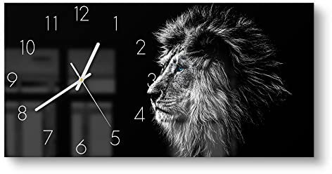 DEQORI Glasuhr | vertikal 60x30 cm | Motiv König der Tiere im Profil | große XXL Design Uhr aus Glas | leise Wanduhr für Wohnzimmer & Küche | moderne Hingucker Uhr für die Wand