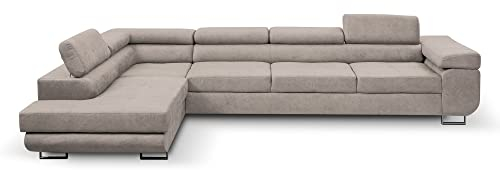 MargaretHadas24 Ecksofa Marlene IV L-Form mit verstellbaren Kopfstützen Schlaffunktion Bettkasten 347 cm Links (Farbe: beige Vena 07)