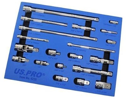 US PRO Tools 20pc Socket Extension Bar UJ Adapter Set 1/4 3/8 1/2 DR in Foam Tray 4235