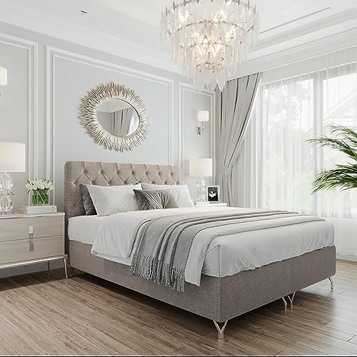 FURNISTAR Boxspringbett GracePLUS 120x200 Braun Doppelbett Bett mit Bonellmatratze Topper und Bettkasten Glamour Polsterbett mit silbernen 12 cm Beinen Modern Schlafzimmer Vintage Schlafzimmerbett
