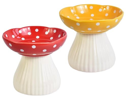 Gamelle pour chat en forme de champignon 2 pièces 6 x 5 pouces 300 ml gamelle pour chat surélevée gamelles pour chat en céramique mignonnes pour la nourriture/eau sans danger pour les aliments mangeoi