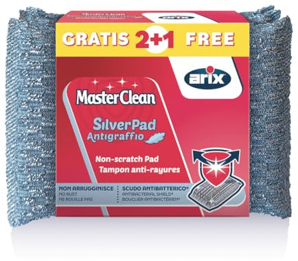ARIX 3 esponjas SilverPad antiarañazos con Revestimiento de Aluminio de la línea Masterclean, Esponja con Tratamiento Antibacteriano, para Superficies delicadas, antiolores, 3 Unidades