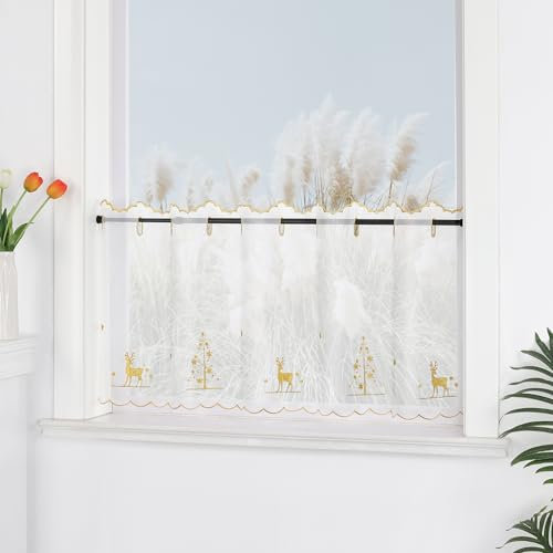 Yujiao Mao Weihnachtsgardine Scheibengardine mit Ösen mit festlichem Rentier- und Weihnachtsbaum-Motiv aus hochwertigem Polyester, ideal für Küche, Wohnzimmer und kleine Fensterk,goldene HxB 60x120cm