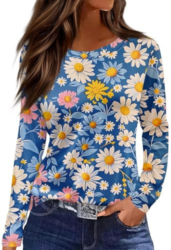 Long Sleeve Tops Women Ladies Going Out Tops Long Sleeve Shirts for Women Spring Fall Trendy Crew Neck Floral Print T Shirts Vintage Elegant Tops 02-Blue M